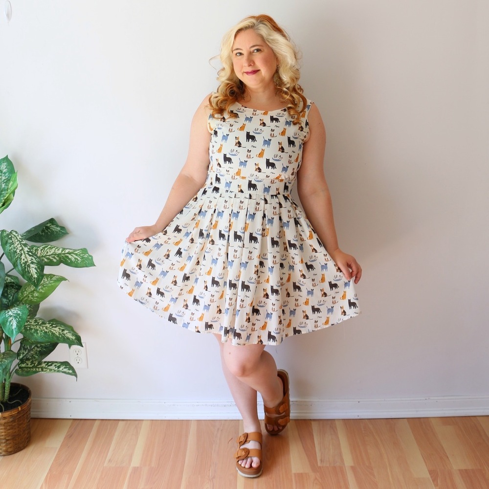 CAT PRINT L.A. Soul Fit and Flare Dress Cream Sleeveless Pleated Skirt Large